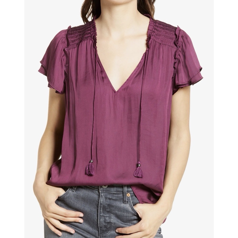 Paige Top Womens Laramie Blouse Sangria Sz XS Relaxed Fit Short Sleeve Boho Chic